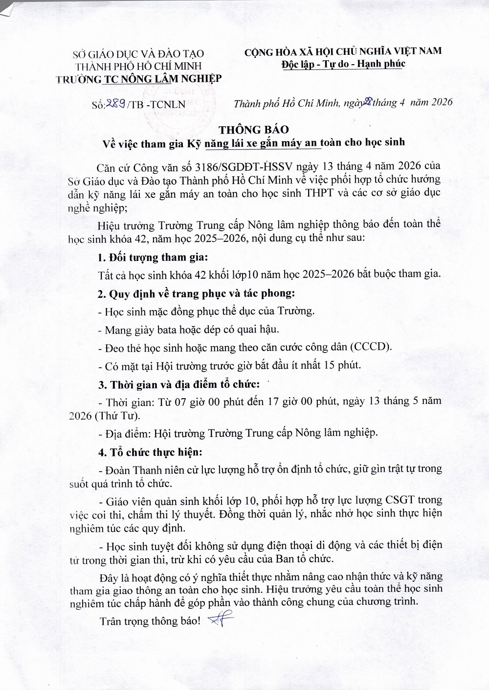 Thông báo tham gia kỹ năng lái xe gắn máy an toàn cho học sinh, ngày 13/5/2026